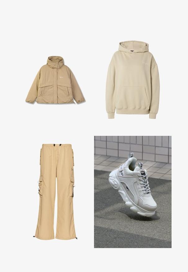 Beige pufferjakke med høj krave, to forlommer og lynlås. Har et struktureret stof og et lille logo på brystet.; Beige hættetrøje med forlommekanguru, ribstrikkede manchetter og kant samt diskret broderet tekst på venstre bryst.; Beige cargo bukser med brede ben, elastisk talje, sidelommer og snor detaljer. Lavet af letvægtsstof med en glat tekstur.; Hvide sneakers med mesh- og lædermaterialer, rund tå, tyk sål, fremtrædende snørebånd og branding på hælen og tungen.