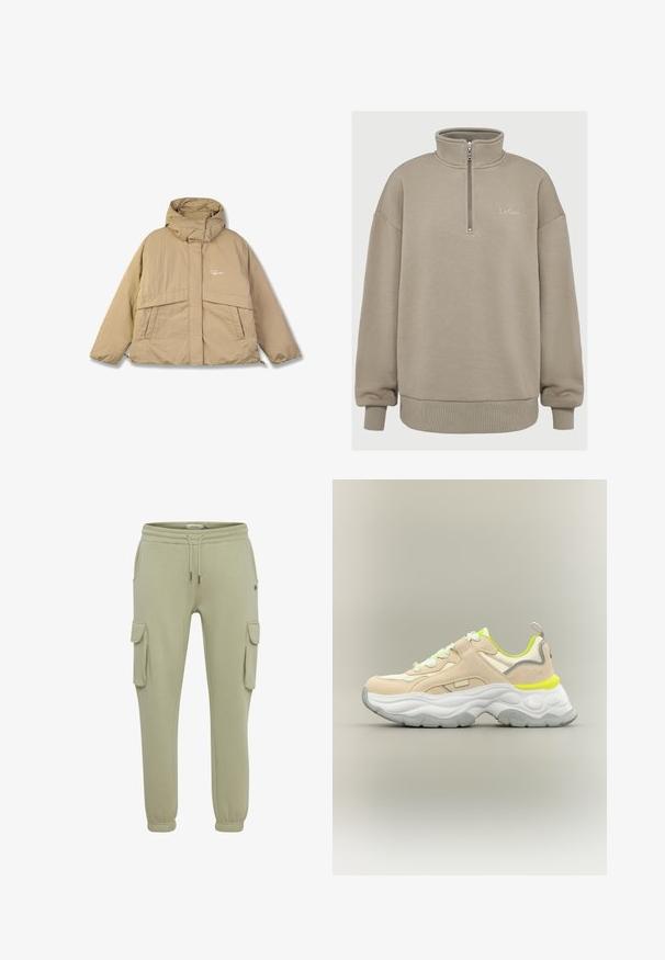 Beige pufferjack met een hoge kraag, twee voorzakken en een ritssluiting. Heeft een gestructureerde stof en een klein logo op de borst.; Beige kwart-zip sweatshirt met hoge kraag, geribbelde manchetten en zoom, en klein "LeGer" logo geborduurd op de borst.; Lichtgroene cargobroeken van zacht stof, met zijzakken, elastische manchetten en een koordje in de taille voor een verstelbare pasvorm.; Beige en witte chunky sneaker met neongele accenten, gestructureerde zool, veters aan de voorkant en een trekkoord aan de achterkant op een neutrale achtergrond.