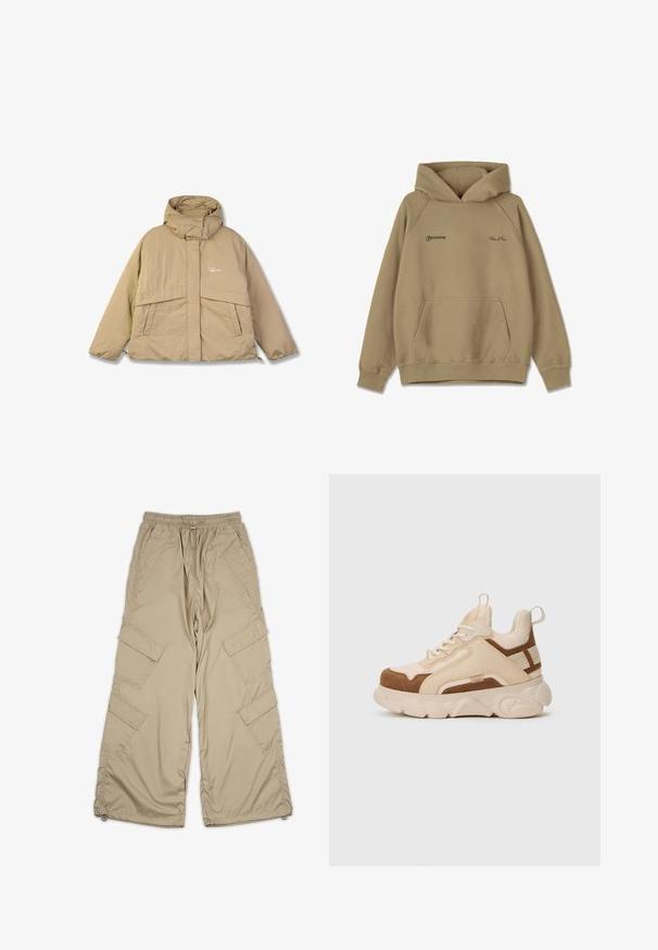 Chaqueta acolchada beige con un cuello alto, dos bolsillos frontales y cierre de cremallera. Presenta una tela texturizada y un pequeño logo en el pecho.; Sudadera con capucha beige de material polar, con un bolsillo frontal, puños de canalé y logotipos bordados en el pecho.; Pantalones cargo beige con cintura ajustable, múltiples bolsillos laterales y un corte relajado. Hechos de una tela ligera y suave con detalles de costura.; Deportiva en tonos crema y marrón, con materiales de malla y cuero, forma redondeada, suela gruesa y diseño con cordones. Incluye una lengüeta trasera.