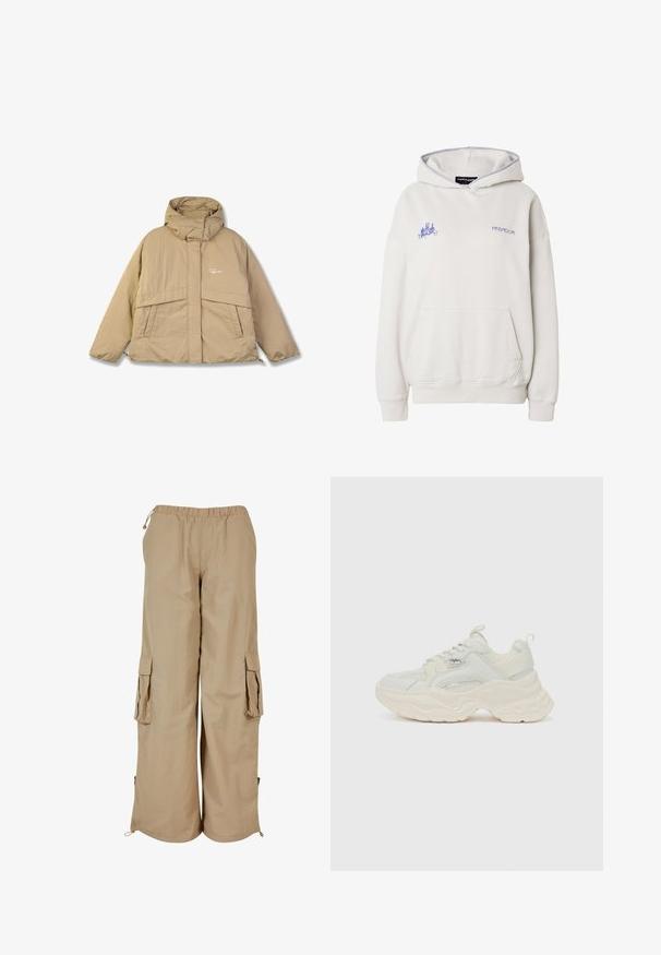 Veste en duvet beige avec un col haut, deux poches avant et une fermeture éclair. Présente un tissu texturé et un petit logo sur la poitrine.; Sweat à capuche beige clair avec poche avant, petit motif violet sur la poitrine gauche et texte "PEGADOR" sur la poitrine droite.; Pantalons cargo beiges avec une taille élastique, deux poches latérales et des accents en maille ; fabriqués en tissu léger et texturé.; Baskets chunky en blanc cassé, avec une tige en mesh texturé et cuir lisse, dotées d'une semelle épaisse et ondulée, ainsi que d'accents de marque.
