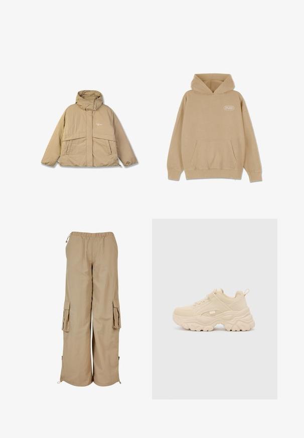 Chaqueta acolchada beige con un cuello alto, dos bolsillos frontales y cierre de cremallera. Presenta una tela texturizada y un pequeño logo en el pecho.; Sudadera beige con bolsillo frontal, capucha con cordón y puños y dobladillo acanalados. Presenta un pequeño logo blanco en el lado izquierdo.; Pantalones cargo beige con cintura elástica, dos bolsillos laterales y detalles de malla; fabricados en un tejido ligero y texturizado.; Buffalo GALACTICA - Zapatillas - cream