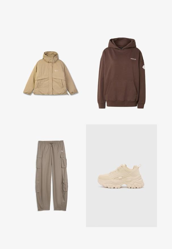 Chaqueta acolchada beige con un cuello alto, dos bolsillos frontales y cierre de cremallera. Presenta una tela texturizada y un pequeño logo en el pecho.; Sudadera con capucha marrón con bolsillo frontal, puños acanalados y logo "PEGADOR" en el lado izquierdo del pecho, además de un parche blanco en la manga derecha.; Pantalones cargo de corte ancho de color marrón claro con cintura con cordón y bolsillos con solapa en cada pierna, con un pequeño logo blanco de Puma en el lado derecho.; Buffalo GALACTICA - Zapatillas - cream