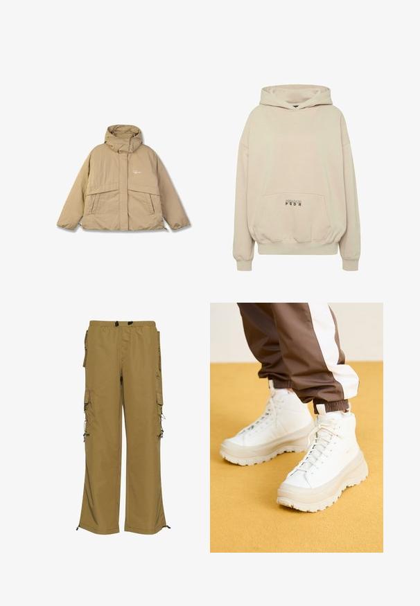 Beige pufferjakke med høj krave, to forlommer og lynlås. Har et struktureret stof og et lille logo på brystet.; Beige hættetrøje med en forlomme, ribbede manchetter og snøre i hætten. "PECADOR PGDR" tekst trykt på lommedelen.; Khaki cargo bukser med elastisk talje, flere sidelommer og justerbare manchetter. Fremstillet af et holdbart stof med en glat tekstur.; Hvide højtop sneakers med en kraftig, tekstureret sål, der har en glat overdel, rund tå og tonede snørebånd, placeret mod en gul baggrund.