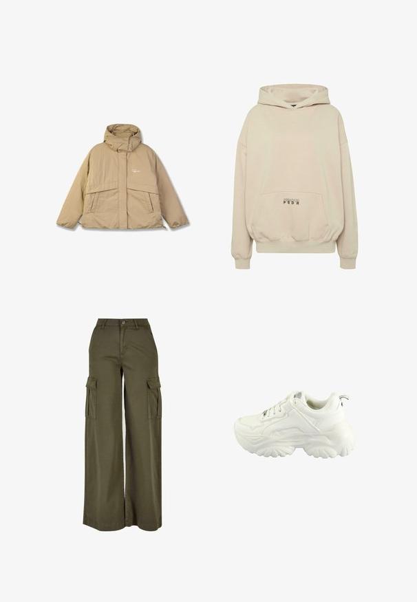 Veste en duvet beige avec un col haut, deux poches avant et une fermeture éclair. Présente un tissu texturé et un petit logo sur la poitrine.; Sweat à capuche beige avec une poche avant, des poignets côtelés et une capuche à cordon. Texte "PECADOR PGDR" imprimé sur la zone de la poche.; Pantalons cargo larges en vert olive avec deux poches latérales, fabriqués à partir d'un tissu doux et durable. Présente une couture détaillée et une fermeture à bouton.; Baskets blanches avec un design chunky, une tige en synthétique lisse, un col rembourré et une semelle en caoutchouc texturé avec un motif en losange.