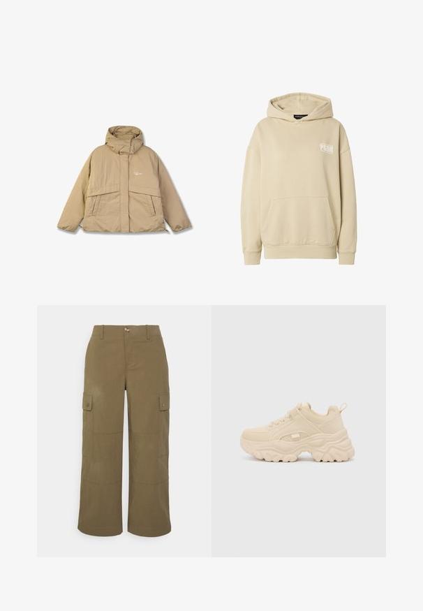 Chaqueta acolchada beige con un cuello alto, dos bolsillos frontales y cierre de cremallera. Presenta una tela texturizada y un pequeño logo en el pecho.; Sudadera con capucha beige con bolsillo tipo canguro en el frente y logo blanco "PGDR" en el pecho izquierdo, con puños y dobladillo acanalados.; Vero Moda Petite VMRILEY LOOSE PANT - Pantalones cargo - capers; Buffalo GALACTICA - Zapatillas - cream