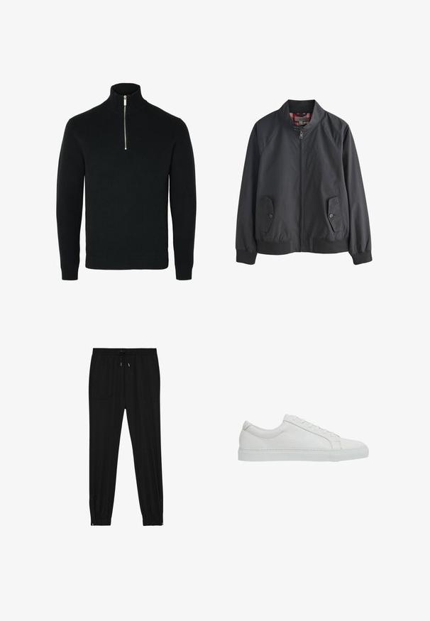 Sort afslappet jakke med lynlås, med lommer med knappelåg, ribstrikkede manchetter og kant samt en krave, med en rød ternet indvendig foret, der kan ses.; Sort langtærmet strikket sweater med ribbet høj krave og en sølv halv lynlås foran i midten.; Sorte jogger bukser lavet af blødt stof. Har elastisk talje med snøre, to forlommer og lynlåse ved anklerne for nem påtagning.; Reiss REGULAR FIT - LUCA TUMBLED - Sneakers - white
