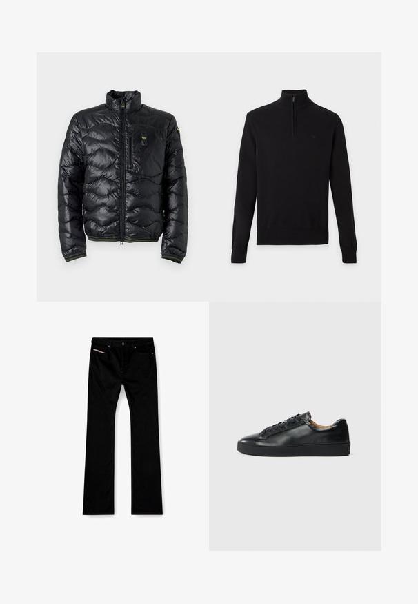 Veste matelassée noire avec col montant, fermeture éclair avant, poche poitrine zippée et discrètes écussons de marque sur la poitrine et la manche.; Pull noir à manches longues avec une courte fermeture éclair devant et un col montant côtelé, présenté sur un fond clair uni.; Jeans noirs à jambe droite avec bouton et fermeture éclair à l'avant, poches avant et arrière, et une étiquette blanche visible dans la poche avant droite.; Baskets en cuir noir avec une texture lisse, bout rond et fermeture à lacets. Comprend une semelle en caoutchouc épaisse et un minimum de détails de marque.
