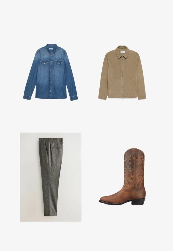 Ruskindsjakke i beige med krave, lynlås foran, to sidelommer og en glat tekstur.; Mørkeblå denimskjorte med lange ærmer, klassisk krave, knaplukning fortil, to brystlommer og kontrasterende stiklinger på sømmene.; Grå houndstooth bukser lavet af tekstureret stof, med flad front, sidelommer og en baglomme med knap. Lige ben design.; Brun læder cowboystøvle med syede dekorative mønstre og en lav stablet hæl, vist fra siden på en hvid baggrund.