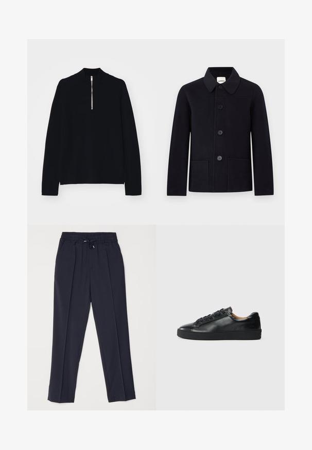 Sort uldherrejakke med krave, fire sorte knapper og to forsyningslommer foran, vist på en ensartet hvid baggrund.; Sort langærmet top lavet af et blødt materiale, med en høj mock-neck og en halv lynlås foran, med en afslappet pasform.; Mørkeblå bukser med elastisk talje og snøre. Har to frontfolder og tætsiddende ben for en struktureret silhuet.; Sorte lædersneakers med en glat overflade, rund tå og snørebåndslukning. Har en tyk gummisål og minimal branddetalje.