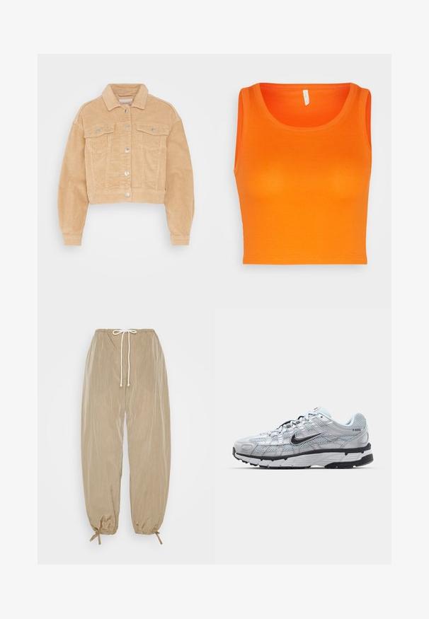 ONLY ONLMALIBU PNT - Letná bunda - beige; ONLY ONLKENYA CROPPED - Top - flame; Weekday ALISTAR PARACHUTE TROUSER - Nohavice - mole; Tenisky Nike P-6000 s vrchným materiálom z jemnej šedej sieťoviny, čiernymi akcentmi a odolnou čiernou gumovou podrážkou. Obsahujú jemný dizajn a systém šnurovania.