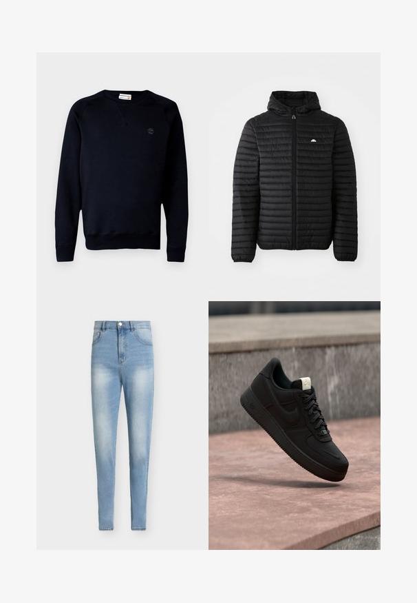 Sort polstret jakke med lynlås og hætte. Har vandret quiltet tekstur og elastiske manchetter. Lille logo på venstre bryst.; Sort sweatshirt lavet af en blanding af bomuld, med rund halsudskæring, lange ærmer, ribbede manchetter og et lille logo på brystet.; Lyseblå højttaljede jeans i denimstof. Slim fit med falmende detaljer, fem lommer og lukning med metal-knap.; Sort Nike Air Force 1 sneaker, der svæver over en lyserød betonforkant med en grå stenet baggrund, som viser sidde- og topdetaljer.