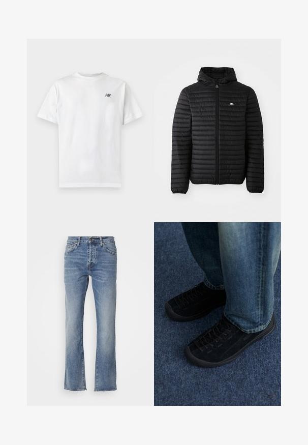 Schwarze gepolsterte Jacke mit Reißverschluss und Kapuze. Verfügt über einen horizontal gesteppten Stoff und elastische Bündchen. Kleines Logo auf der linken Brust.; Weißes T-Shirt mit kurzen Ärmeln und Rundhalsausschnitt mit kleinem schwarzem New Balance-Logo auf der oberen linken Brust auf einem einfarbigen hellen Hintergrund.; Hellblaue Denim-Jeans mit geradem Bein, fünf Taschen und einem kleinen Metallknopf am Bund. Ausfransender Saum.; Schwarze Wildleder-Sneaker mit strukturiertem Obermaterial, dezenten Schnürsenkeln und haltbaren Gummisohlen, kombiniert mit blauen Jeans.