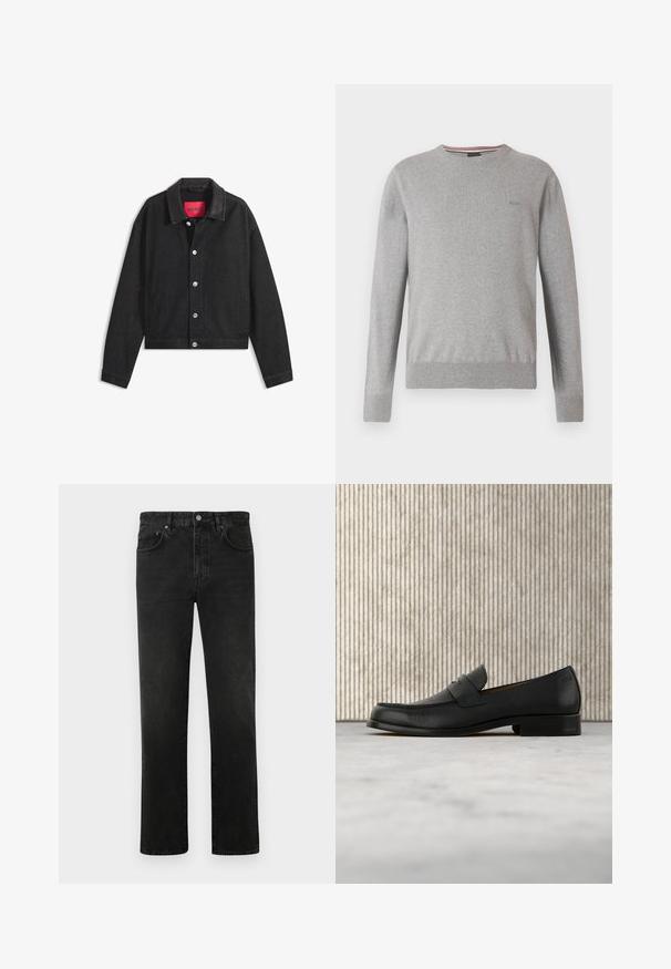 Schwarze Jacke mit Knöpfen, Lederkragen und langen Ärmeln, mit silbernen Knöpfen und einem roten Etikett innen im Kragen mit dem Text "HUGO".; Grauer Pullover mit Rundhalsausschnitt, langen Ärmeln, gerippten Bündchen und Saum, mit einem dezenten Logo auf der Brust und gestreiften Akzenten am Halsausschnitt.; Schwarze Jeans aus Denim mit geradem Schnitt, Fünf-Taschen-Design und einem einzelnen Metallknopfverschluss am Bund. Glatte Textur, minimale Ausbleichung.; Schwarzer Leder-Slipper schwebt über einem beigen Teppich, im Hintergrund ein glänzender, runder brauner Tisch.