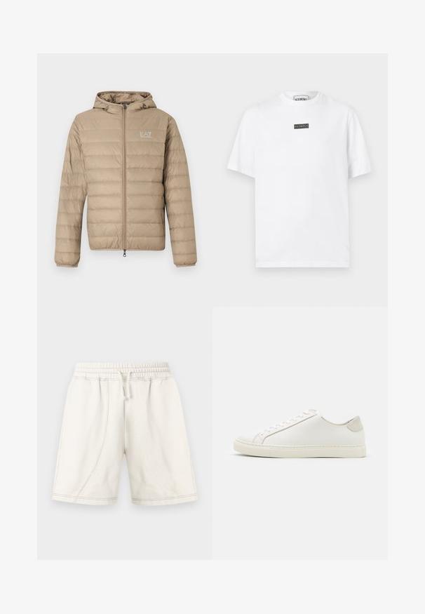 Beige dunjakke med aftagelig hætte, lynlås foran, vandret quilting, logo på brystet og elastiske ærmeender.; Hvid bomuldst-shirt med rund halsudskæring, korte ærmer og en sort rektangulær logo-patch på brystet. Enkel og minimalistisk design.; Off-white casual shorts med elastisk talje, snøre og synlige sømdetaljer, designet til komfort og hverdag.; Hvide lædersneakers med en glat overflade, rund tå og minimalistisk design. Funktioner i beige nuancer på hælen og en gummisål.
