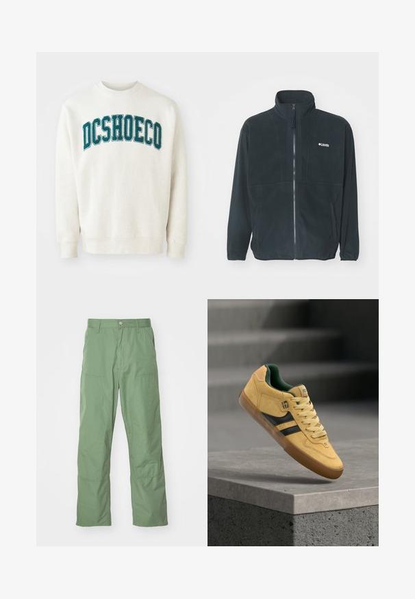 Schwarze Fleecejacke mit einem hohen Kragen, vollem Reißverschluss und zwei seitlichen Taschen. Mit dezentem Logo im Brustbereich.; Helles beige Sweatshirt aus weichem Stoff, mit einem türkisfarbenen, gestickten "DCSHOECO"-Text über der Brust. Gerippte Bündchen und Saum.; Hellgrüne, lässige Hose mit glatter Textur, ausgestattet mit Seitentaschen und sichtbaren Nähten. Vollständig lang mit geradem Bein.; Gelber Wildledersneaker mit schwarzen Streifen und Kautschuksohle, der über einer Betonkante schwebt, im Hintergrund verschwommene Treppen.