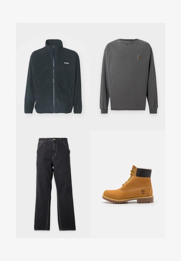 Veste en polaire noire avec un col haut, fermeture éclair à l'avant et deux poches latérales. Comprend un logo discret sur la poitrine.; Chemise à manches longues en coton gris foncé. Elle comporte un col rond, des poignets élastiques et un petit patch logo carré sur la poitrine gauche.; Jean noir à coupe droite avec poches avant, passants de ceinture et coutures blanches visibles sur un fond gris clair uni.; Bottine en cuir brun avec œillets en métal, doublure en fourrure blanche, col rembourré noir, semelle robuste et logo en relief sur le côté.