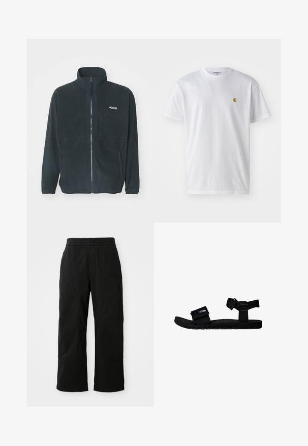 Schwarze Fleecejacke mit einem hohen Kragen, vollem Reißverschluss und zwei seitlichen Taschen. Mit dezentem Logo im Brustbereich.; Weißes Baumwoll-T-Shirt mit kurzen Ärmeln, Rundhalsausschnitt, mit einem kleinen goldenen Logo im linken Brustbereich. Weicher Stoff und normale Passform.; Schwarze Baumwollhosen mit einem elastischen Bund, weitem Beinansatz und großen Seitentaschen. Der Stoff wirkt weich mit einer glatten Textur.; Schwarze Sandalen mit verstellbaren Stoffriemen, strukturiertem Gummisohle und einem Logopatch. Entworfen für Komfort und die Nutzung im Freien.