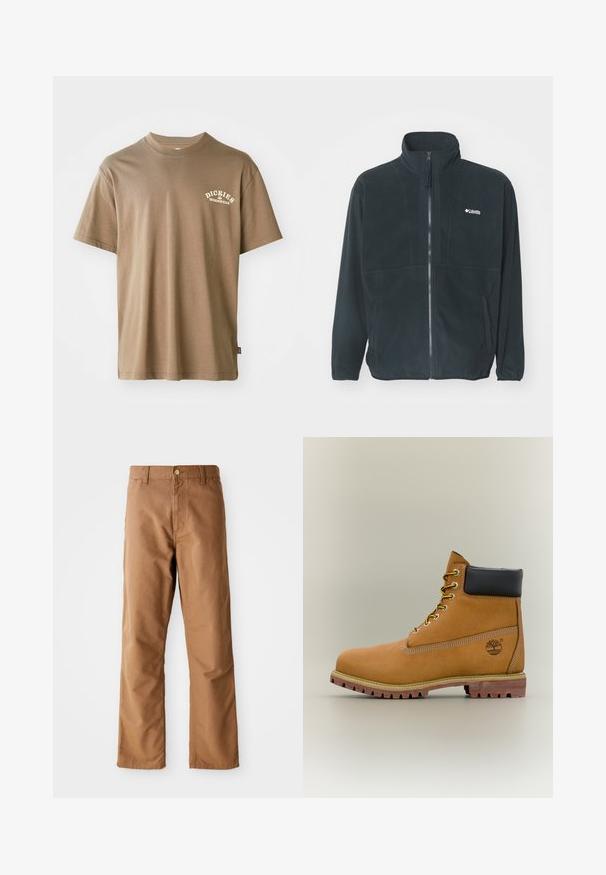 Schwarze Fleecejacke mit einem hohen Kragen, vollem Reißverschluss und zwei seitlichen Taschen. Mit dezentem Logo im Brustbereich.; Braunes Baumwoll-T-Shirt mit Rundhalsausschnitt, kurzem Arm und einem weißen Logo mit der Aufschrift "Dickies Workwear" auf der linken Brustseite.; Braune gerade geschnittene Hosen mit Gürtelschlaufen, Vordertaschen, Knopfverschluss und Reißverschluss vor einem weißen Hintergrund.; Brauner Leder-Stiefelette mit schwarzem Kragen, gelben Schnürsenkeln und hellbrauner Sohle. Verfügt über ein Logo und weiße Ziernähe. Robuste Profilsohle.