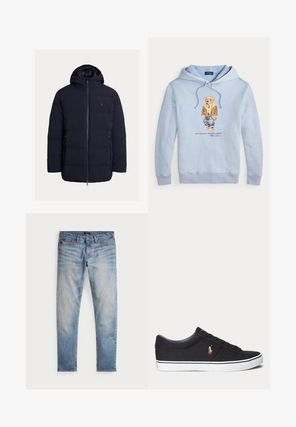 Marineblaue Steppjacke mit durchgehendem Reißverschluss, Kapuze und Seitentaschen. Hergestellt aus glattem, leichtem Material mit gesteppter Paneel-Optik.; Himmelblauer Kapuzenpulli mit einem Bären, der eine Brille, einen gelben Schal, eine braune Jacke, Jeans und Sneaker trägt, mit dem Text "Polo Bear by Ralph Lauren" darunter.; Helle blaue Denim-Jeans mit einem ausgewaschenen Finish, Fünf-Taschen-Design und kontrastierenden Nähten. Mit Reißverschluss und Gürtelschlaufen. Gerade geschnitten.; Schwarzer Sneaker mit niedrigem Schaft, weißer Sohle und gesticktem Polospieler-Logo an der Seite, mit Schnürverschluss und strukturiertem Stoff-Obermaterial.