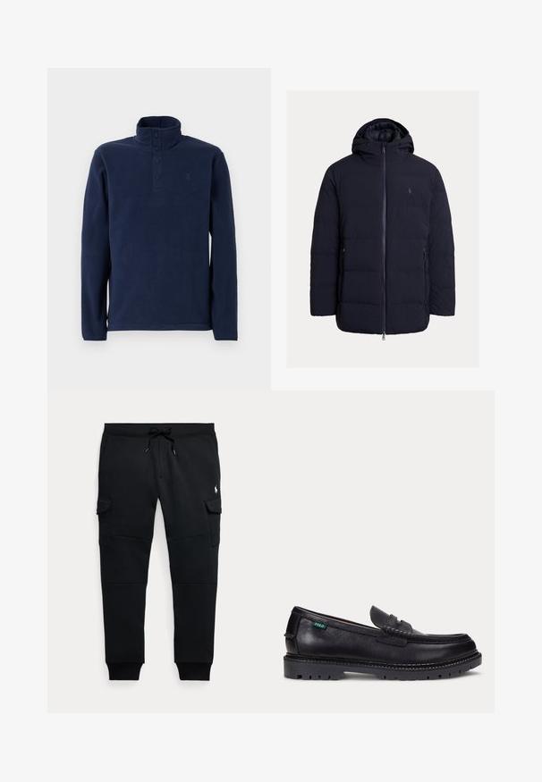 Marineblaue Steppjacke mit durchgehendem Reißverschluss, Kapuze und Seitentaschen. Hergestellt aus glattem, leichtem Material mit gesteppter Paneel-Optik.; Marineblauer Fleece-Pullover mit hohem Kragen und Knopfleiste mit vier Knöpfen. Verfügt über lange Ärmel und ein kleines Logo auf der Brust. Weiche Textur.; Schwarze Cargo-Jogginghose mit Tunnelzugbund, seitlichen Klappentaschen, gerippten Bündchen und kleinem weißen Polo-Spieler-Logo am rechten Oberschenkel.; Schwarzer Lederloafer mit dicker Profilsohle und kleinem grünen "Polo"-Etikett an der Außenseite nahe der Ferse.