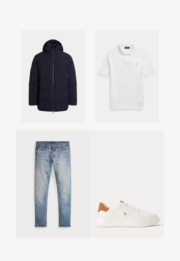 Marineblå pufferjakke med lynlås foran, hætte og sidelommer. Fremstillet af glat, let materiale med syet paneldesign.; Hvid ribstrikket polo med klassisk krave, korte ærmer og et broderet logo på venstre bryst. Blød tekstur og enkelt design.; Lys blå denimjeans med en falmet finish, fem-lomme design og kontraststing. Har lynlås og bæltesløjfer. Lige pasform.; Hvid lavtop sneaker med tan hælfane, hvide snørebånd og lille broderet polo-spiller logo på siden over en tyk sål.