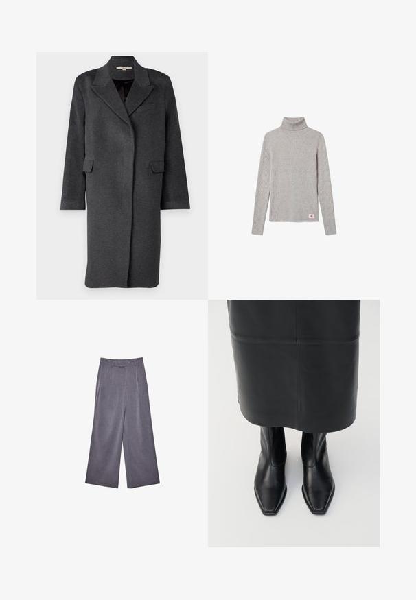 Mørkegrå uldblandingsfrakke med klapkrave, sidelommer og lange ærmer. Har en afslappet pasform og et minimalistisk design.; Calvin Klein Jeans LABEL ROLL NECK - Striktrøje - grey heather; Høj talje grå brede bukser med bæltestropper og frontfolder, vist på en hvid baggrund.; Sorte læder støvler med høj ankel, firkantet tådesign og sideskilt. Glat tekstur og minimal hardware; sammen med en sort lædernederdel.