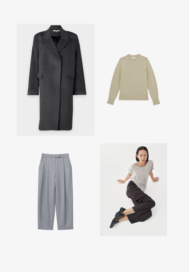 Dunkelgrauer Wollmischungs-Mantel mit Reverskragen, seitlichen Taschen und langen Ärmeln. Hat eine lässige Passform und ein minimalistisches Design.; Beige Strickpullover mit Rundhalsausschnitt, geripptem Saum und Bündchen. Leicht strukturiertes Gewebe mit gestickten Details entlang der Ärmel.; Graue Hosen mit maßgeschneidertem Design, versehen mit Falten, Seitentaschen und geradem Bein. Glatte Textur und Bund mit mittlerer Leibhöhe.; Hellgraues Kurzarmshirt, dunkle weite Hosen und schwarze Loafers. Glatter Stoff, entspannte Passform und kontrastierende Einfassung am Hemd.