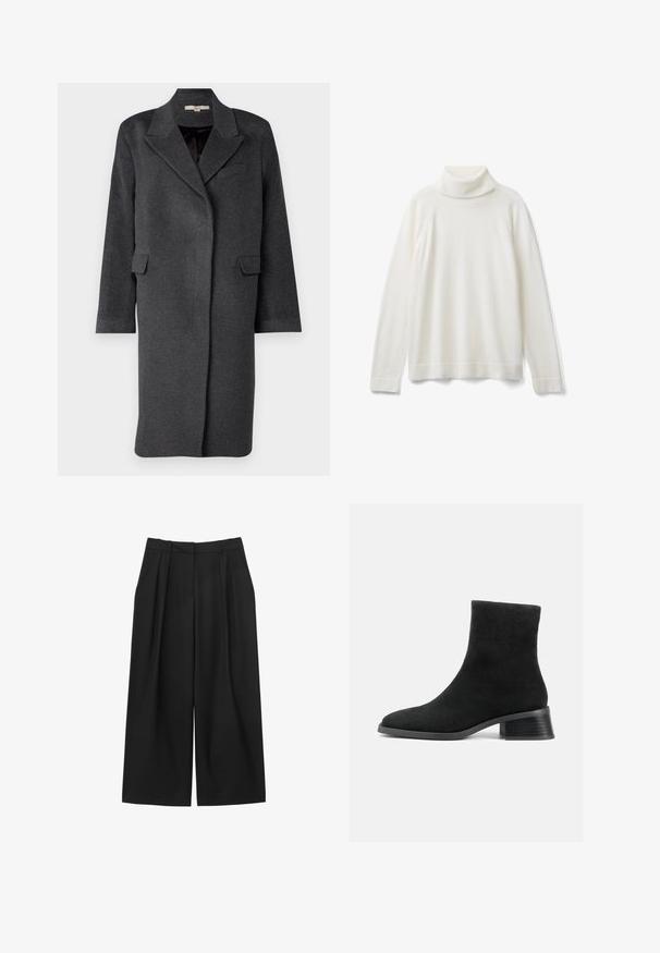 Abrigo de mezcla de lana gris oscuro con cuello tipo solapa, bolsillos laterales y mangas largas. Presenta un corte relajado y un diseño minimalista.; United Colors of Benetton TURTLENECK - Jersey de punto - white; Pantalones negros de pierna ancha con pliegues, cintura alta y textura suave, diseñados con una estética minimalista.; Botín de ante negro hasta el tobillo con punta redondeada, caña corta y tacón bajo apilado. Textura suave sin patrones ni adornos visibles.