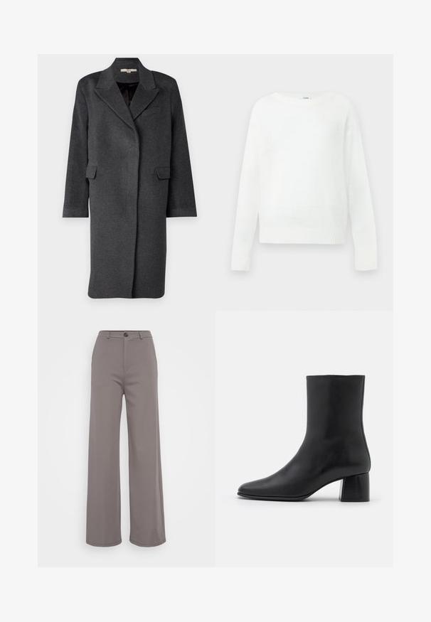 Mørkegrå uldblandingsfrakke med klapkrave, sidelommer og lange ærmer. Har en afslappet pasform og et minimalistisk design.; Hvid langærmet crewneck-trøje med ribbet manchetter og kant, vist fladt mod en neutral baggrund.; Bredde bukser i et blødt gråt stof. Har en knaplukning og rene sømme. Glat tekstur uden synlige mønstre eller udsmykninger.; Sorte læder ankelstøvler med spids tå og en kraftig firkantet hæl. Glat overflade med et sømløst design og minimalistisk syning.