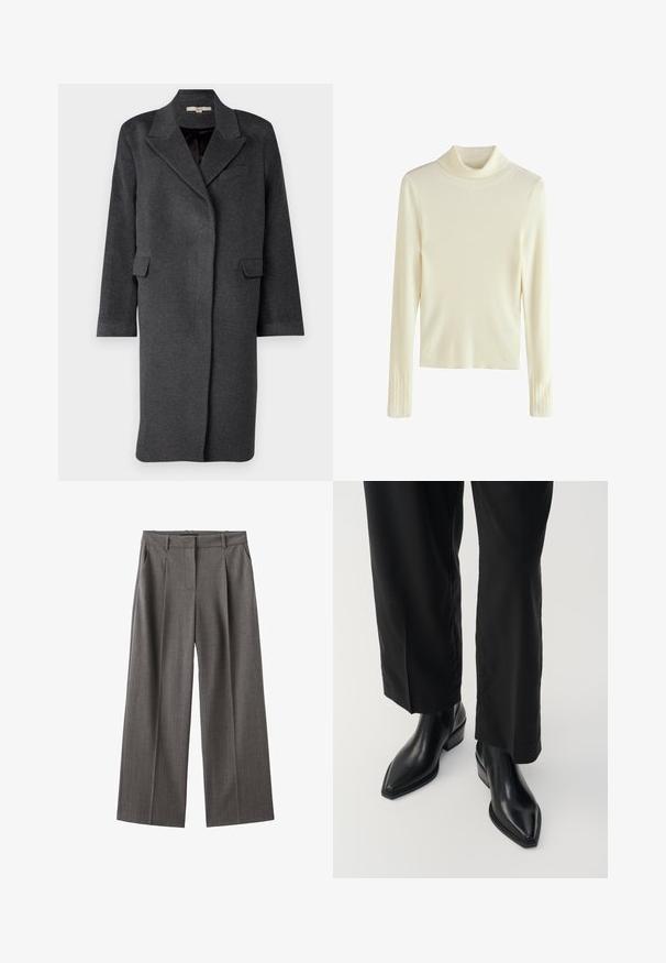 Dunkelgrauer Wollmischungs-Mantel mit Reverskragen, seitlichen Taschen und langen Ärmeln. Hat eine lässige Passform und ein minimalistisches Design.; Weißer gerippter Rollkragenpullover mit langen Ärmeln und strukturierten Akzenten an den Bündchen. Glattes Material und taillierte Passform.; Graue, weit geschnittene Hosen mit einem Streifenmuster, hoher Taille, Falten und glattem Stoff. Hergestellt aus einem leichten Material.; Schwarze Leder-Ankle-Boots mit spitzer Zehe, glatter Textur und quadratischem Absatz. Kombiniert mit schwarzen, weiten Hosen, die eine elegante Silhouette erzeugen.