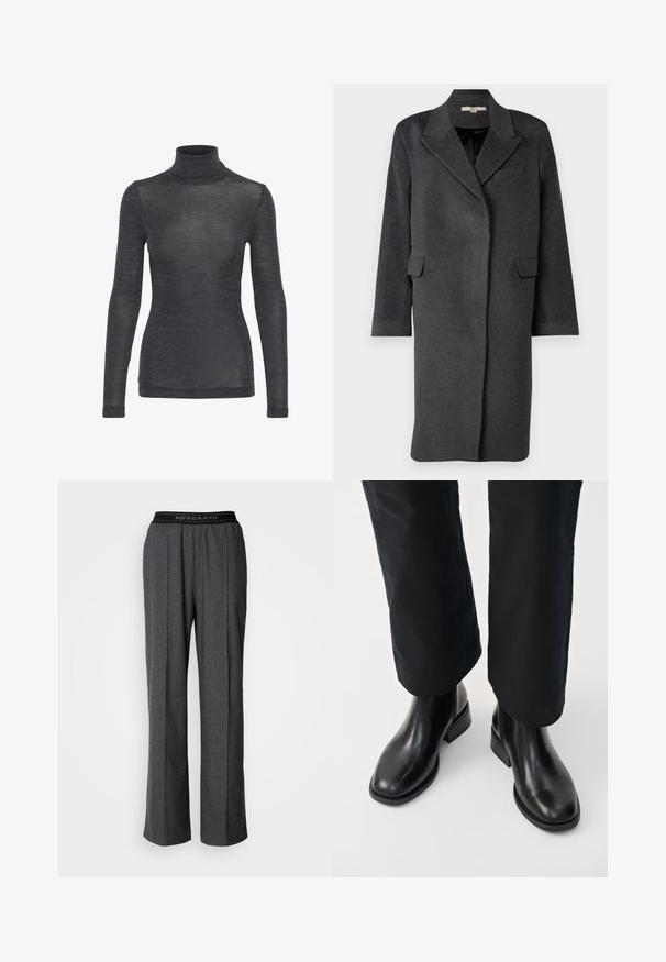 Donkergrijze wolmix jas met een geknipt kraag, zijzakken en lange mouwen. Heeft een relaxte pasvorm en een minimalistisch ontwerp.; Langharige turtleneck top in donkergrijs, met een zachte textuur en een subtiele glans, in een getailleerde pasvorm.; Grijze, wijde broek met plooien, gemaakt van een gestructureerde stof. Bevat een zwarte tailleband met het "NØRGAARD" logo.; Zwarte leren chelsea boots met een gladde textuur, een ronde neus en een lage blokhak, gecombineerd met zwarte pants.