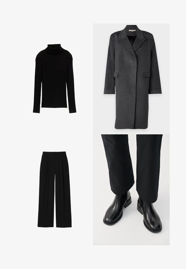 Abrigo de mezcla de lana gris oscuro con cuello tipo solapa, bolsillos laterales y mangas largas. Presenta un corte relajado y un diseño minimalista.; Suéter negro de cuello alto con mangas largas y un diseño ajustado. La tela parece suave con una textura blanda y una silueta simple.; Pantalones negros de talle alto y pierna ancha con trabillas para cinturón y pliegues delanteros, mostrados sobre un fondo blanco.; Botas Chelsea de cuero negro con una textura suave, punta redonda y un tacón bajo bloque, combinadas con pantalones negros.