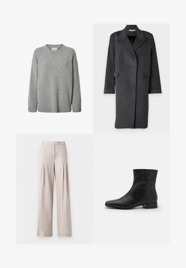 Manteau en laine mélangée gris foncé avec col cranté, poches latérales et manches longues. Présente une coupe décontractée et un design minimaliste.; Pull gris en maille avec un col rond, épaules tombantes et ourlet côtelé. Texture douce avec un motif uniforme et aucun élément métallique visible.; Pantalons larges beiges avec une texture lisse, un design plissé à l'avant et une taille ajustée. Convient pour une tenue formelle ou décontractée.; Botte cheville en cuir noir avec un bout pointu, texture lisse, design minimaliste et un petit talon carré. La fermeture éclair sur le côté monte jusqu'à la cheville.