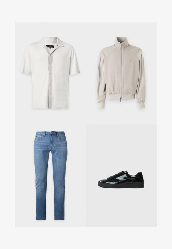 Veste gris clair avec un col haut, fermeture éclair intégrale, poignets et ourlet côtelés. Comprend un tissu texturé et des rayures verticales sur les manches.; Polo en maille blanche à manches courtes avec patte de boutonnage beige contrastante et petit col par rag & bone.; Jean slim bleu clair avec cinq poches et fermeture par bouton, présenté sur un fond gris uni.; Baskets en cuir verni noir avec un bout arrondi, un laçage, une semelle en caoutchouc texturé et une finition lisse.
