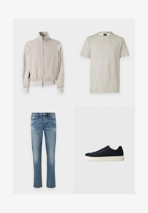 Veste gris clair avec un col haut, fermeture éclair intégrale, poignets et ourlet côtelés. Comprend un tissu texturé et des rayures verticales sur les manches.; T-shirt gris clair à manches courtes avec une texture en nid d'abeille et un col rond. Étiquette visible au niveau du col.; Jean en denim bleu clair avec une coupe droite, design à cinq poches, fermeture à bouton en métal argenté et dégradé subtil sur tout le tissu.; Des baskets slip-on en daim bleu marine avec une semelle en caoutchouc blanc, présentant un design cousu et un branding discret sur le côté.