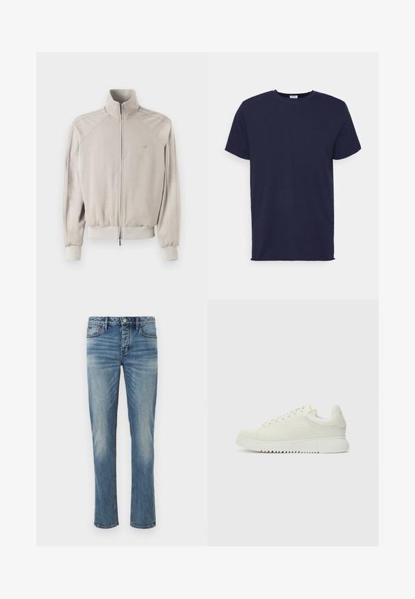 Lichtgrijze jack met een hoge kraag, volle rits, ribgebreide manchetten en zoom. Beschikt over een textuurstof en verticale strepen op de mouwen.; Navyblauwe T-shirt met korte mouwen van zachte stof. Heeft een ronde hals en een rechte snit zonder patronen of accenten.; Lichtblauwe denim jeans met rechte pijpen, vijf-pocket ontwerp, zilveren knoopsluiting en subtiele vervagingen in de stof.; Witte leren sneaker met een textuur bovenkant, ronde neus, vlakke witte zool en tonale veters. Subtiele branding op de tong.
