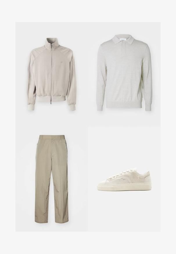 Lys grå jakke med høj krave, fuld lynlås, ribbede manchetter og nederkant. Har struktureret stof og lodrette striber på ærmerne.; NN.07 EMERSON - Poloshirts - white pepper; Beige letvægtsbukser med en afslappet pasform, der har en elastisk talje og sidelommer. Stoffet ser tekstureret og let krøllet ud.; Hvid lavtop sneaker med snørelukning, tekstureret stofoverdel og tyk gummisål vist fra ydersiden på en ensfarvet baggrund.