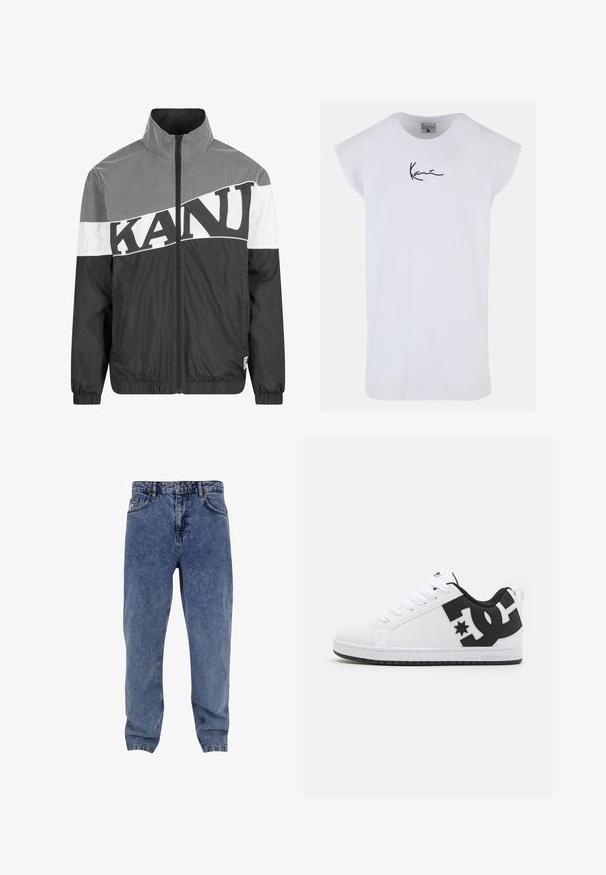 Veste zippée noir et blanc avec un motif en maille, une lettre en gras, un col haut et des poignets élastiques avec une texture lisse.; Karl Kani SMALL SIGNATURE TEE - Débardeur - white; Jean en denim bleu clair avec une coupe décontractée, cinq poches et des coutures contrastées. La ceinture comprend des passants de ceinture et un patch logo.; Baskets blanches avec un dessus synthétique lisse, ornées d'accents de logo noirs et d'une semelle en caoutchouc. Design à lacets, forme de bout arrondi.