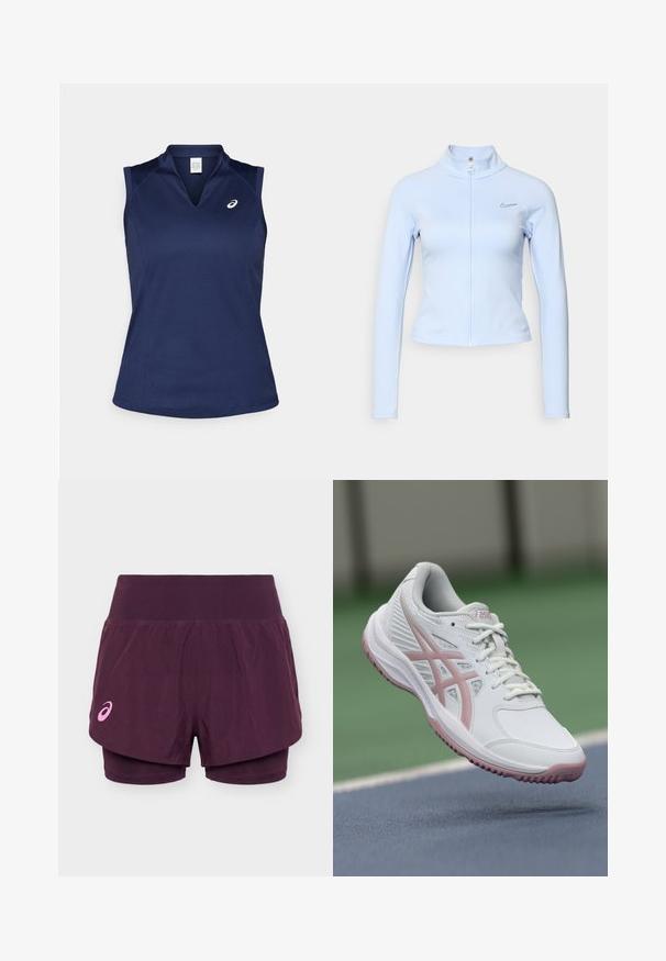 Svetlomodrá bunda na zips vyrobená z hladkej, pružnej látky. Má vysoký golier a priliehavý strih; na hrudi je malé čierne logo Nike.; Námornícky modrá bezrukávová športová košeľa s výstrihom do V, vyrobená z hladkej, vlhkosť odvádzajúcej látky; má ploché švy a malé logo na ľavej hrudi.; Fialové dvojvrstvové bežecké šortky so širokým pásom a malým ružovým logom Asics na ľavej nohe.; Biele športové topánky s ružovými akcentmi, syntetický materiál, zaoblený špička, sieťovinové bočné panely a texturovaná podrážka. Viditeľné šnurovanie v prednej časti a značka ASICS.