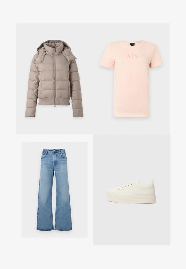 Lysebeige dunjakke med høj krave, lynlås foran, lange ærmer og aftagelig hætte med trykknapper.; Lyserød kortærmet t-shirt med A|X-logo i lille, diskret skrifttype centreret på brystet, rund halsudskæring og ensfarvet design.; Lyseblå højttaljede vidde-ben cowboybukser med forreste knap og lommer, vist fladt på en hvid baggrund.; Hvide sneakers med en tekstureret overdel, flad sål, afrundet tå og en lille løkke ved hælen. Har metaløjer til snører.