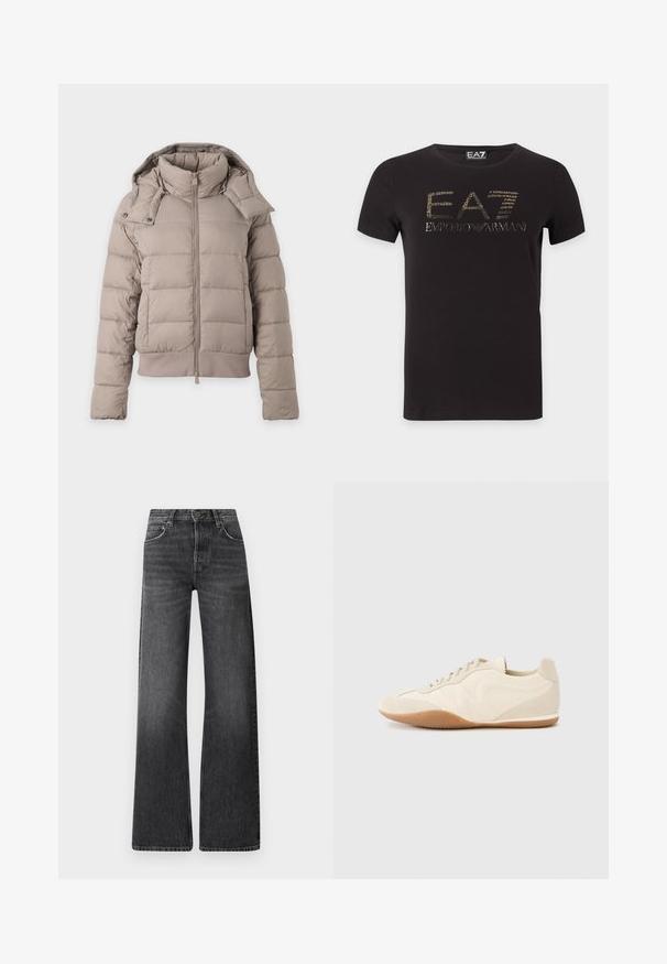 Hellbeige Steppjacke mit hohem Kragen, Reißverschluss vorne, langen Ärmeln und abnehmbarer Kapuze mit Druckknöpfen.; Schwarzes T-Shirt mit kurzen Ärmeln und goldfarbenem EA7 Emporio Armani Logo, mittig auf der Brust, vor weißem Hintergrund.; Schwarze Denim-Jeans mit hoher Taille und weitem Bein. Verfügt über fünf Taschen und eine subtile verbleichte Textur mit kontrastierenden Nähten.; Hellbeige Sneaker mit strukturiertem Lederupper, strukturierten seitlichen Einsätzen und einer Gummisohle. Verfügt über ein schlankes, stromlinienförmiges Design und flache Schnürsenkel.