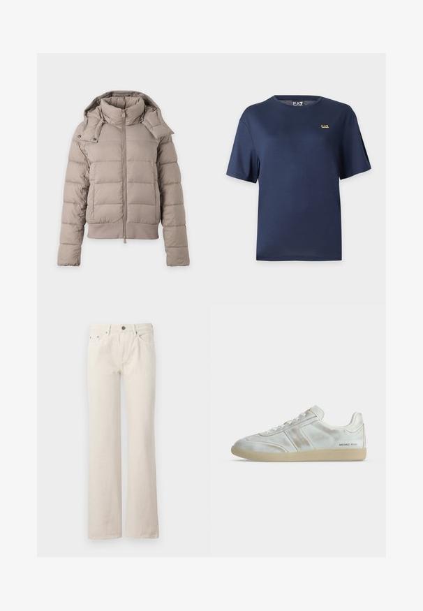 Doudoune beige clair avec col montant, fermeture éclair devant, manches longues et capuche amovible avec boutons-pression.; T-shirt bleu marine à manches courtes avec col rond et petit logo doré EA7 sur la poitrine gauche, sur fond clair.; Jean large beige en coton, doté de poches avant, d'un zip, et d'une finition texturée discrète. Design classique avec une coupe décontractée.; Baskets basses blanches avec semelle beige, fermeture à lacets sur le devant, petits plis subtils et logo "MICHAEL KORS" près du talon côté extérieur.