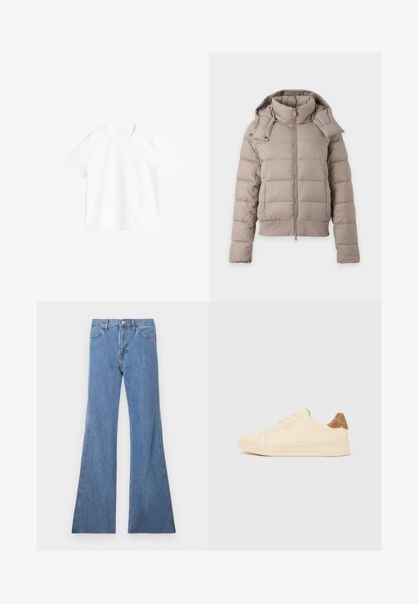 Doudoune beige clair avec col montant, fermeture éclair devant, manches longues et capuche amovible avec boutons-pression.; T-shirt blanc uni à manches courtes et col rond exposé sur un fond blanc, montrant la vue de face et des détails de couture minimaux.; Jean évasé en denim bleu clair avec une taille haute, présentant un design classique à cinq poches et une couture contrastante le long des coutures.; Baskets basses beige avec lacets beiges, languette de talon à motif marron clair et logo "Coach New York" sur le côté.