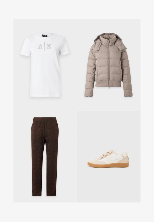 Doudoune beige clair avec col montant, fermeture éclair devant, manches longues et capuche amovible avec boutons-pression.; T-shirt blanc à manches courtes avec col rond, avec le logo "A | X" en clous argentés et le texte "Armani Exchange" en dessous sur le devant.; Pantalon slim marron à imprimé serpent, taille élastique et petit logo blanc sur la cuisse droite, présenté sur un fond uni.; Baskets en cuir blanc et beige avec des accents en daim, dotées d'un bout rond, de trois bandoulières Velcro et d'une semelle en caoutchouc couleur gomme.