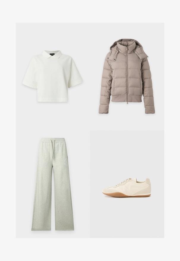 Doudoune beige clair avec col montant, fermeture éclair devant, manches longues et capuche amovible avec boutons-pression.; Top court blanc à manches courtes, texturé, avec un col pointu, une coupe ample et un motif chevron subtil, présenté sur un fond blanc uni.; Pantalon de survêtement gris clair à jambes larges avec taille élastique, cordon, poches latérales et logo discret sur le haut de la cuisse.; Baskets beige clair avec une tige en cuir texturé, des panneaux latéraux texturés et une semelle en caoutchouc. Dotées d'un design fin et épuré ainsi que de lacets plats.