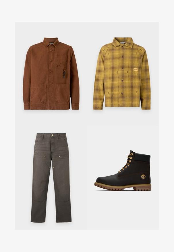 Chemise à carreaux jaune et marron avec boutons, manches longues, col et petites broderies florales. Comprend une poche poitrine.; Veste marron en toile avec col, boutons sur le devant, deux poches plaquées à l'avant et un petit logo sur la poche inférieure.; Pantalon de travail marron à jambes droites avec genouillères renforcées, poches avant, passants pour ceinture et fermeture par bouton.; Bottine noire en cuir avec œillets dorés, accents marron et semelle en caoutchouc. Comprend un col rembourré et un logo estampé sur le côté.