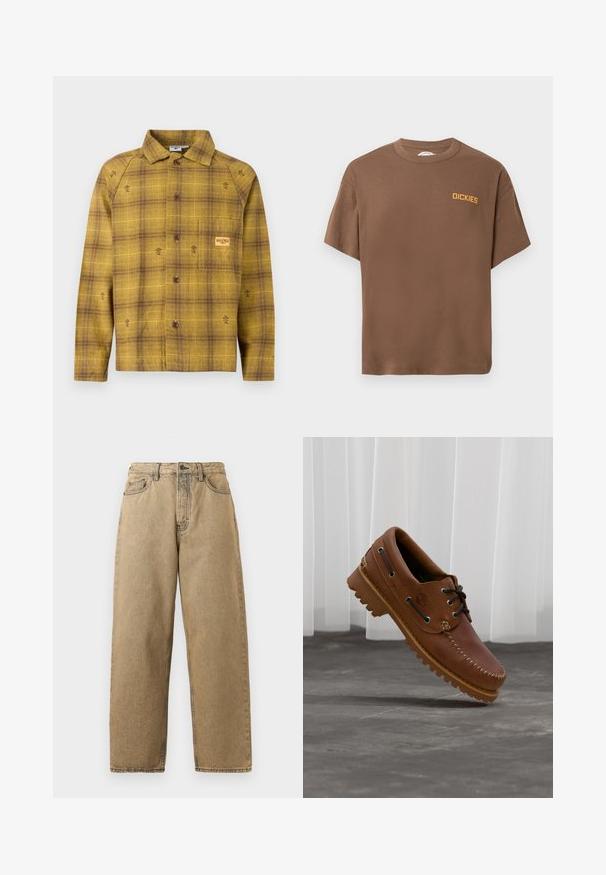 Geel en bruin geruit overhemd met lange mouwen, een kraag en kleine bloemrijke borduursels als accenten. Voorzien van een borstzak.; Bruin T-shirt met korte mouwen en ronde hals, met een klein geel "DICKIES" logo op de linkerborst, tegen een effen witte achtergrond.; Tan denim jeans met een rechte pijpontwerp, voorzien van een rits, riemlussen en contrasterende stiksels. Geen opvallende patronen of hardwaredetails.; Bruine leren bootschoen met zwarte veters, beige stiksel en een robuuste zool, zwevend boven een grijze betonnen vloer.