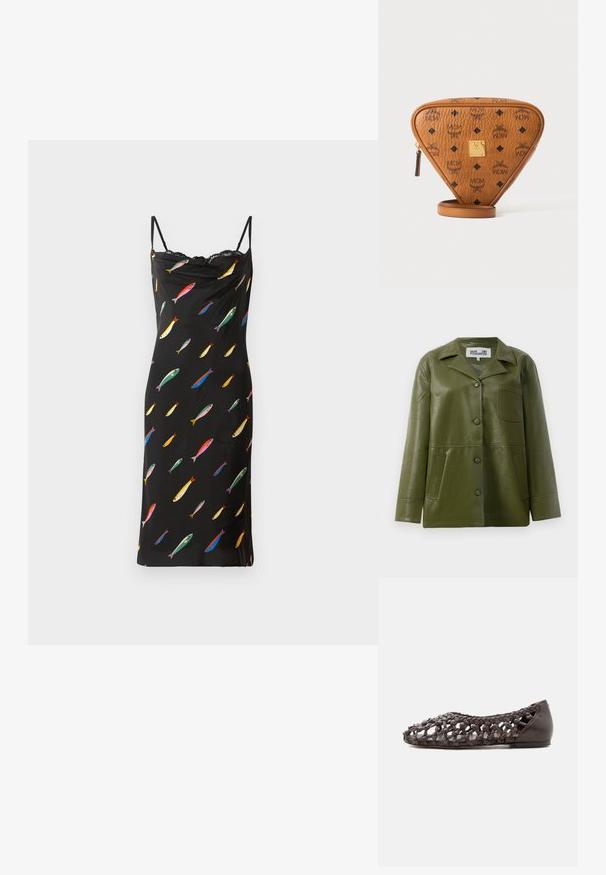 Groene leren jack met een textuurafwerking, voorzien van een kraag, sluiting met knopen aan de voorkant, twee zijzakken en één borstzak.; Zwarte mouwloze jurk met een cowl-halslijn, gemaakt van een gladde stof. Heeft een kleurrijke visprint door de hele jurk en kantafwerking bij de halslijn.; Donkerbruine platte schoen met geweven leren rasterontwerp en stevige hak, getoond in zijaanzicht op een witte achtergrond.; Bruine driehoekige leren crossbodytas met zwarte MCM-logo's, gouden metalen merkplaatje en een ritssluiting op een witte achtergrond.