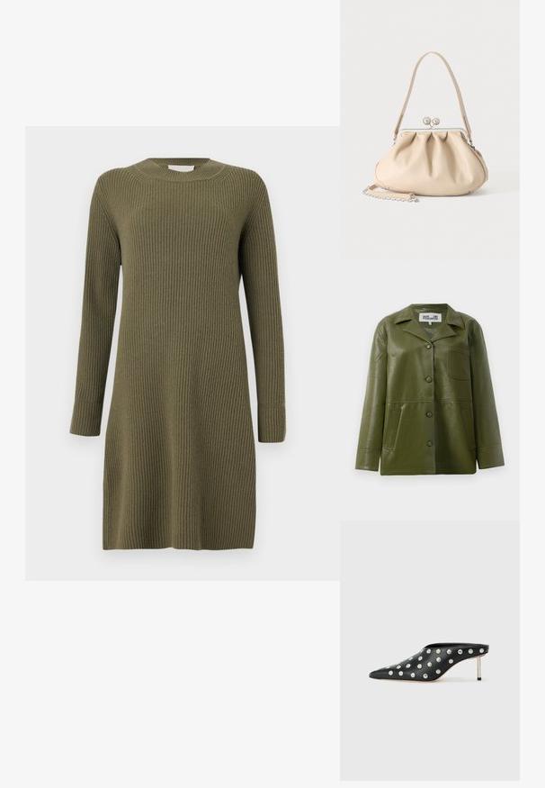 Roheline nahkjakk tekstuuriga viimistlusega, millel on kraega kaelus, esi-nööbitud kinnitamine, kaks külgtaskut ja üks rinnaTasku.; CLOSED CREW NECK DRESS LONG SLEEVE - Kampsunkleit - forest green; STAND STUDIO KELSEY - Kontsaga tagant lahtised kingad - black; Beež pehme nahast käekott hõbedase metallraami klambriga, ühe õlarihma ja valikulise kettpaelaga valgel taustal.