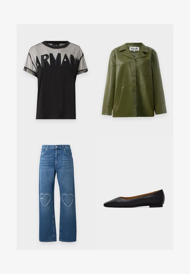 Veste en cuir vert à finition texturée, avec un col, une fermeture à boutons à l'avant, deux poches latérales et une poche poitrine.; T-shirt noir à manches courtes avec une partie supérieure en maille transparente et un texte audacieux "ARMANI" sur la poitrine en tissu noir assorti.; Jean en denim bleu à jambes larges, taille haute, avec des patchs en forme de cœur effilochés sur les deux genoux, bouton et poches à l'avant.; Chaussure plate en cuir noir à bout pointu avec talon bas et finition lisse, vue de côté sur un fond gris clair.
